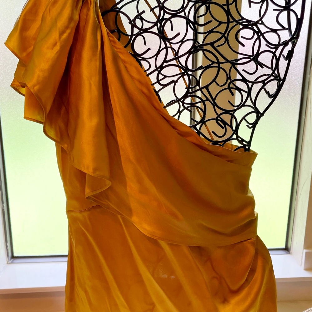BCBG yellow silk one shoulder blouse